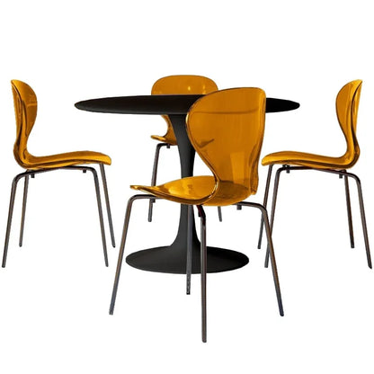 LeisureMod 5-Piece Dining Set Round Black MDF Dining Table and 4 Acrylic Dining Chairs with Chrome Legs - Elax Furniture