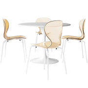 LeisureMod 5-Piece Dining Set Round White MDF Dining Table and 4 Acrylic Dining Chairs with White Base - Elax Furniture