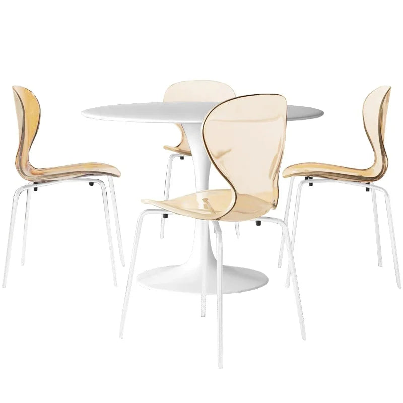 LeisureMod 5-Piece Dining Set Round White MDF Dining Table and 4 Acrylic Dining Chairs with White Base - Elax Furniture