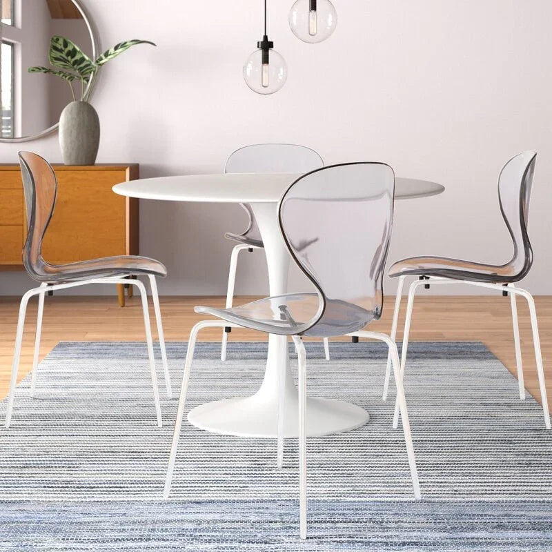 LeisureMod 5-Piece Dining Set Round White MDF Dining Table and 4 Acrylic Dining Chairs with White Base - Elax Furniture