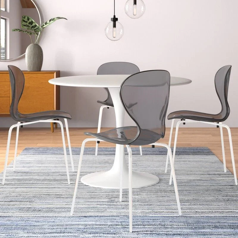 LeisureMod 5-Piece Dining Set Round White MDF Dining Table and 4 Acrylic Dining Chairs with White Base - Elax Furniture