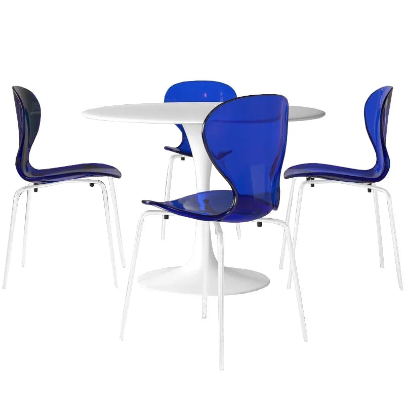 LeisureMod 5-Piece Dining Set Round White MDF Dining Table and 4 Acrylic Dining Chairs with White Base - Elax Furniture