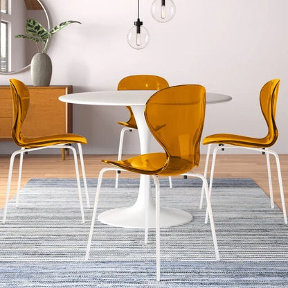 LeisureMod 5-Piece Dining Set Round White MDF Dining Table and 4 Acrylic Dining Chairs with White Base - Elax Furniture