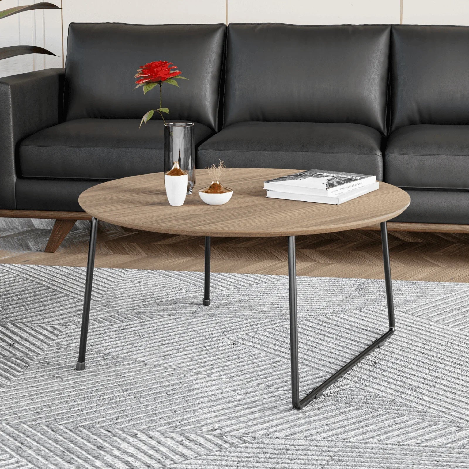 Pemborke Round Coffee Table with Oak Wood Tabletop in Iron - Elax Furniture