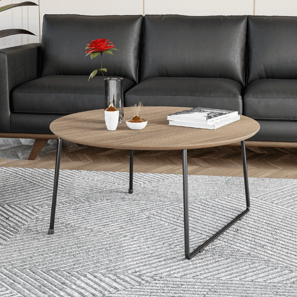 Pemborke Round Coffee Table with Oak Wood Tabletop in Iron