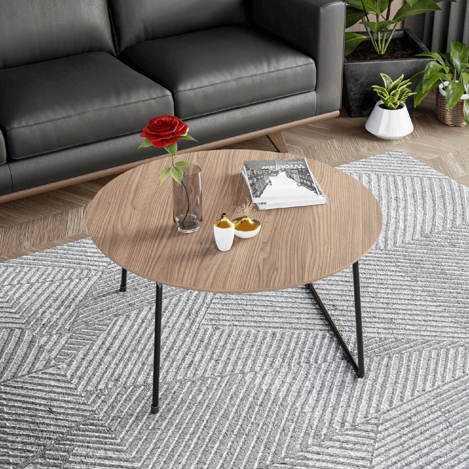 Pemborke Round Coffee Table with Oak Wood Tabletop in Iron - Elax Furniture