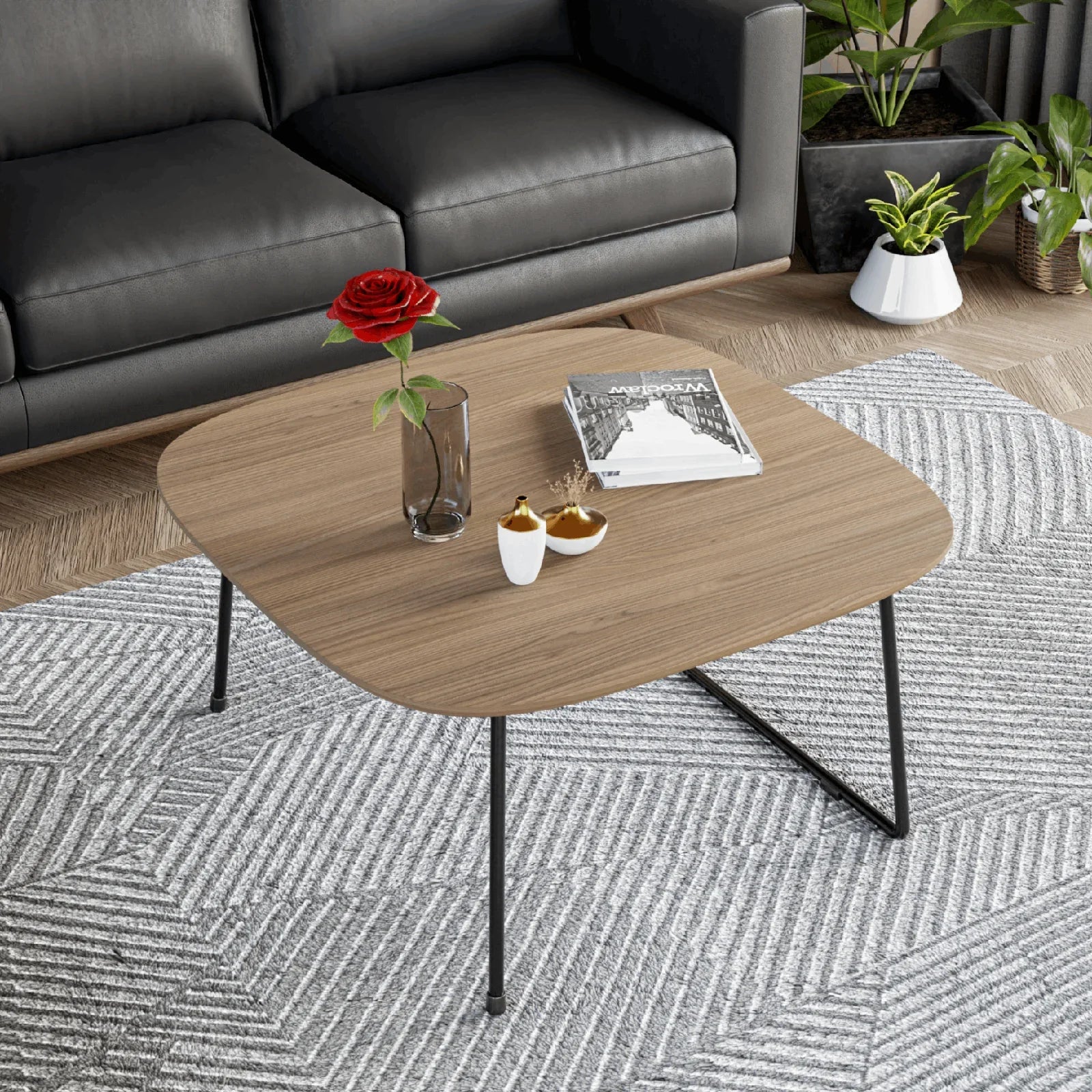 Pemborke Square Coffee Table with Oak Wood Table Top and Iron Frame - Elax Furniture