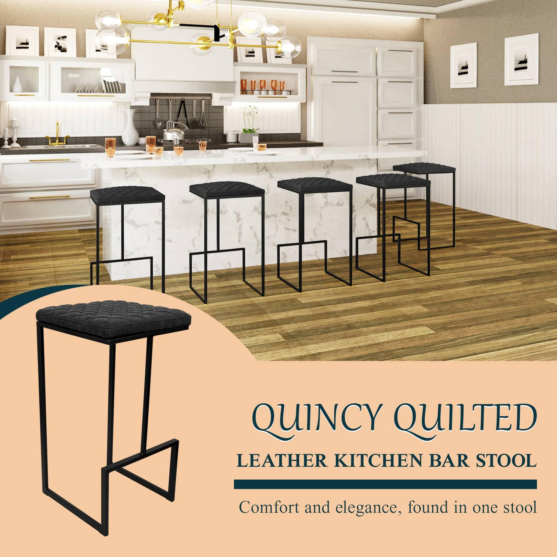 Quincy Quilted Stitched Leather Bar Stools With Metal Frame - Elax Furniture