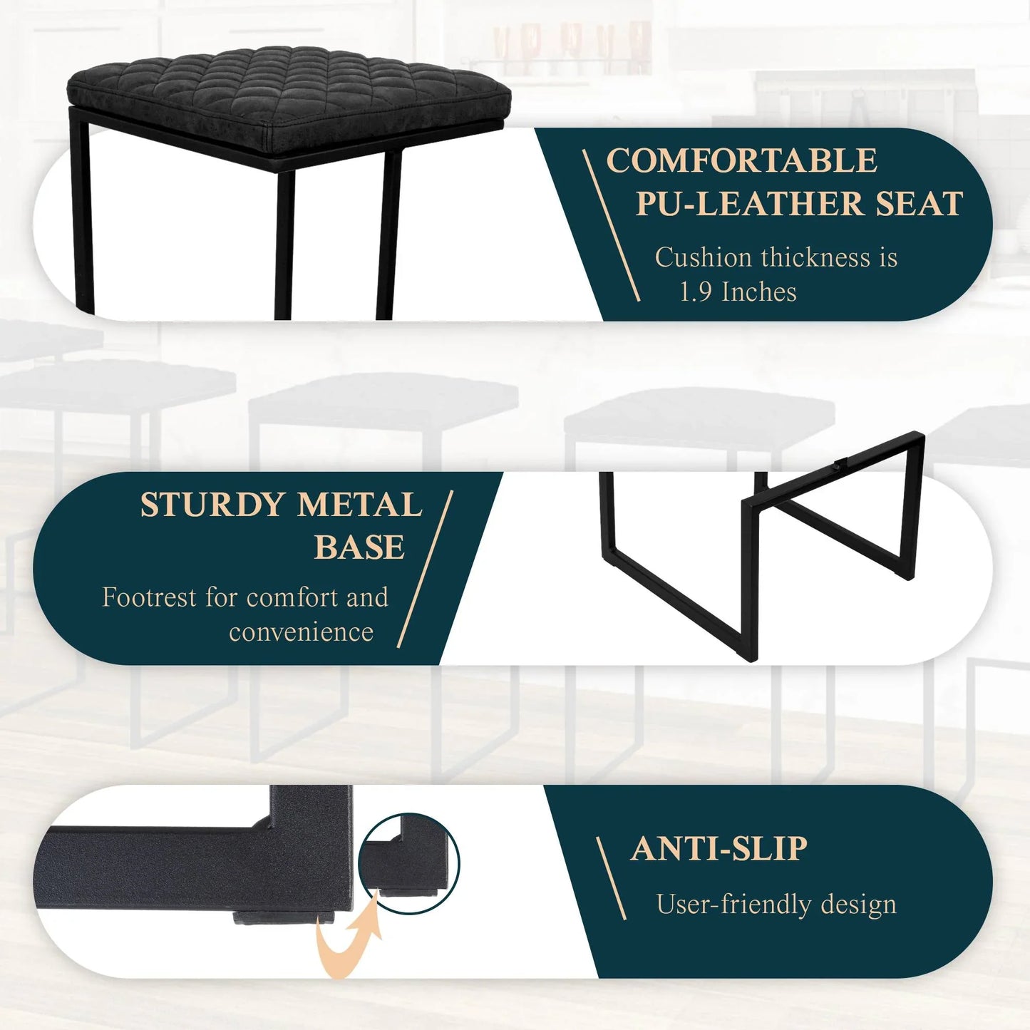 Quincy Quilted Stitched Leather Bar Stools With Metal Frame - Elax Furniture