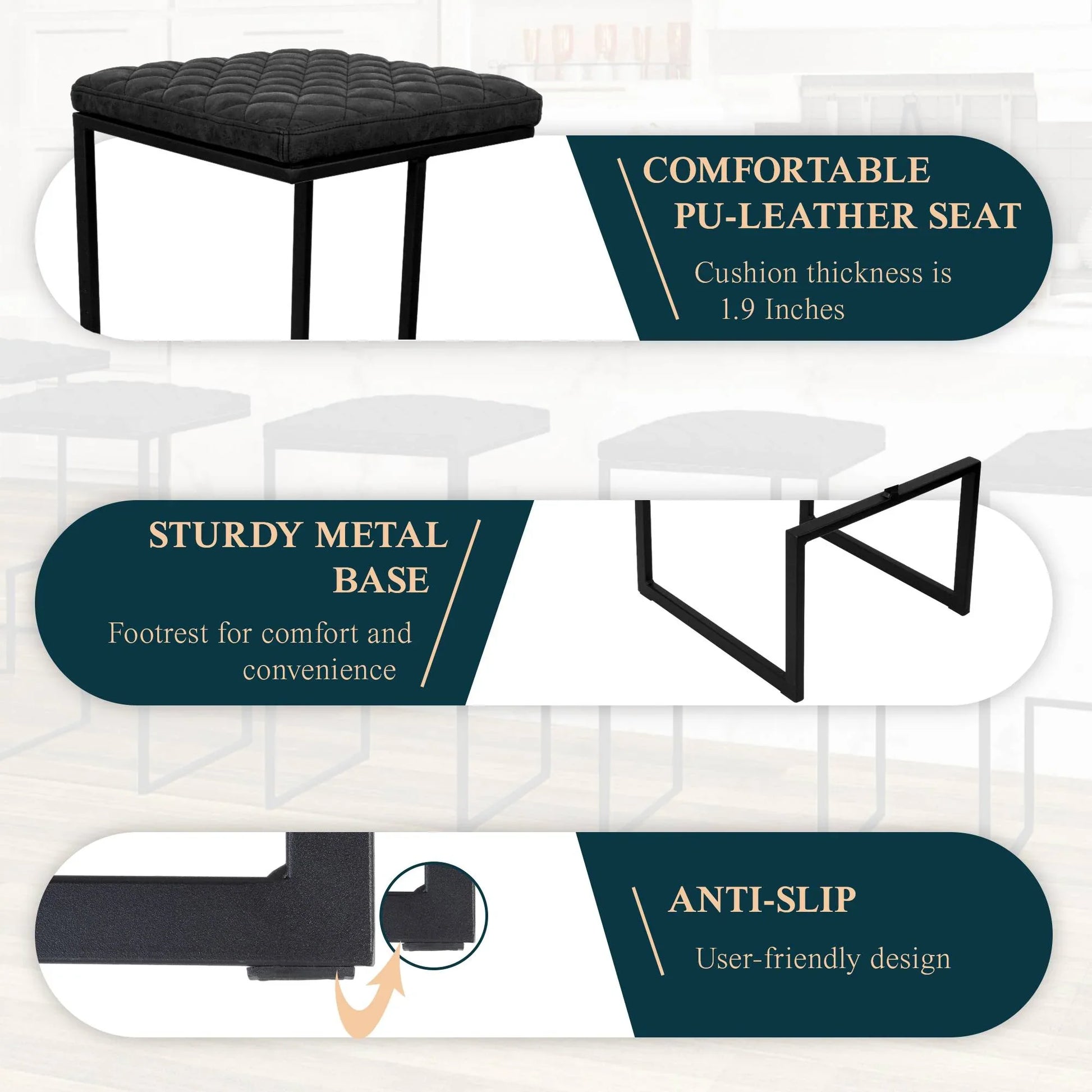 Quincy Quilted Stitched Leather Bar Stools With Metal Frame - Elax Furniture