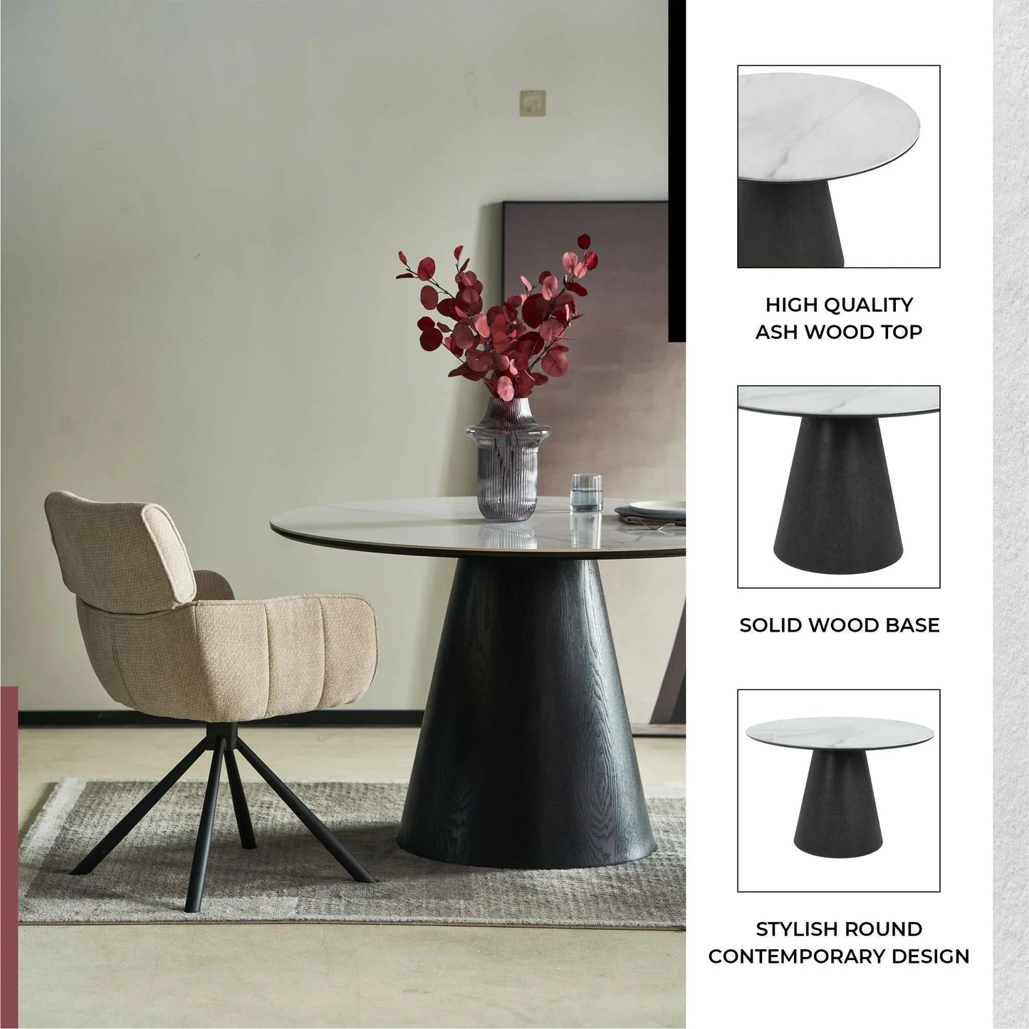 Riven 47" Round Dining Table with Sintered Stone Top and Ash Wood Veneer Base - Elax Furniture