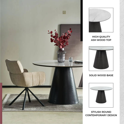 Riven 47" Round Dining Table with Sintered Stone Top and Ash Wood Veneer Base - Elax Furniture