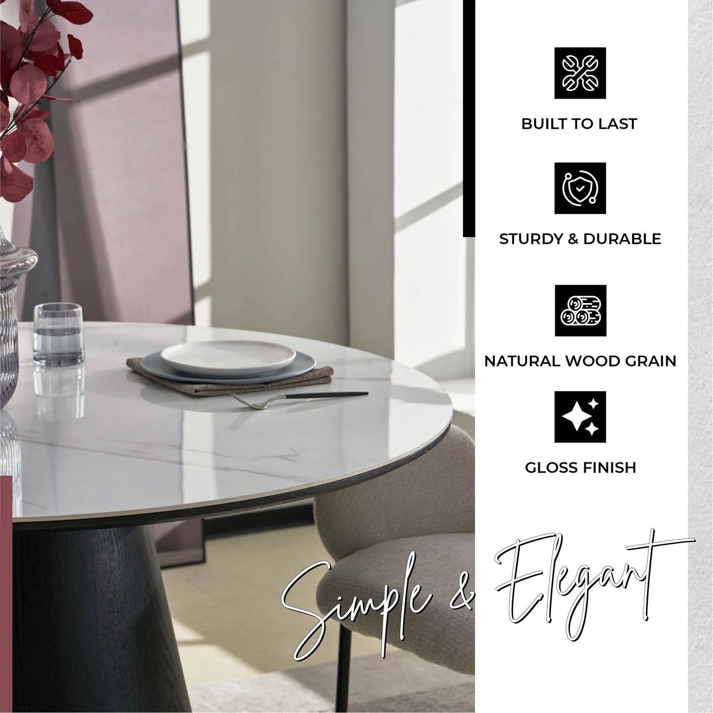 Riven 47" Round Dining Table with Sintered Stone Top and Ash Wood Veneer Base - Elax Furniture