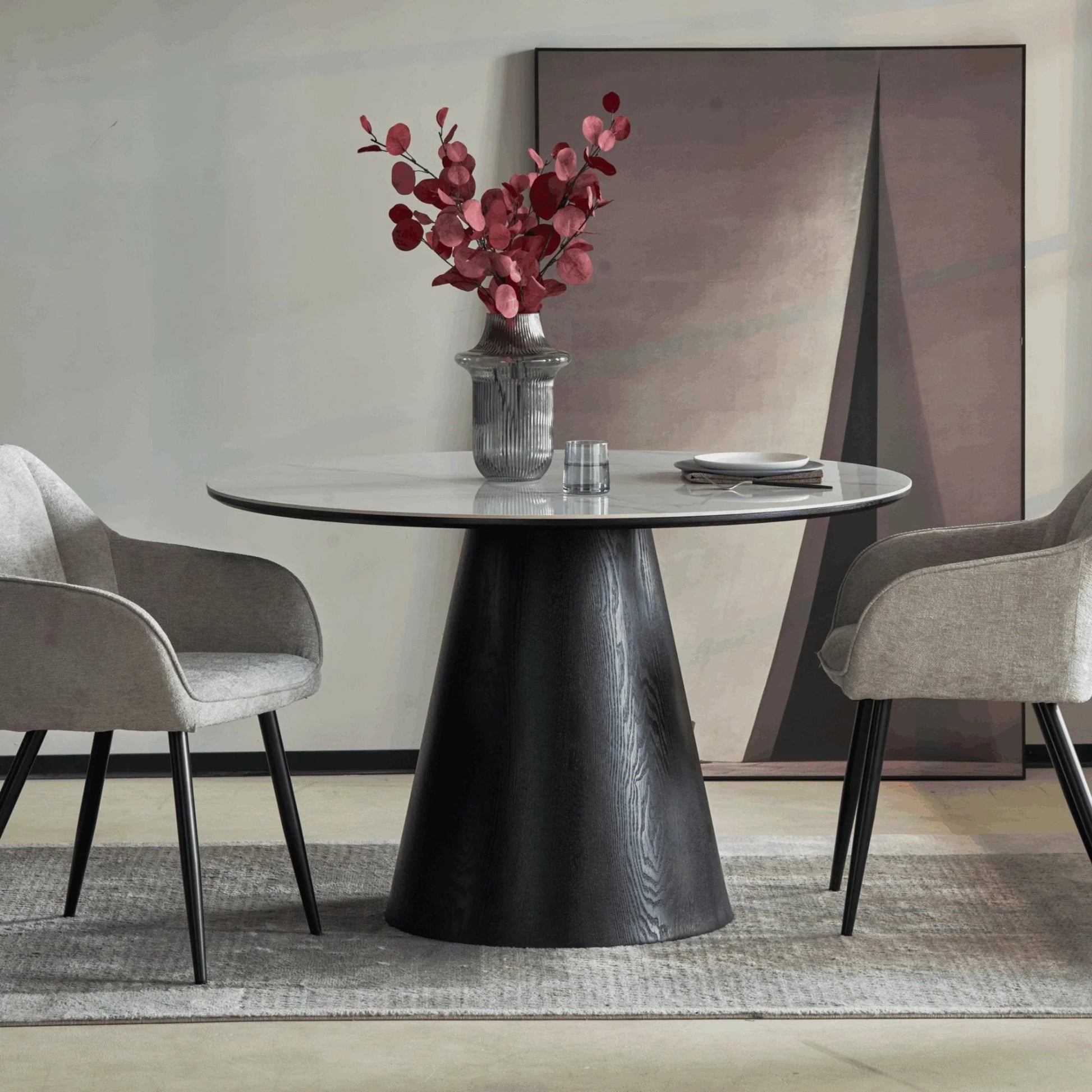 Riven 47" Round Dining Table with Sintered Stone Top and Ash Wood Veneer Base - Elax Furniture