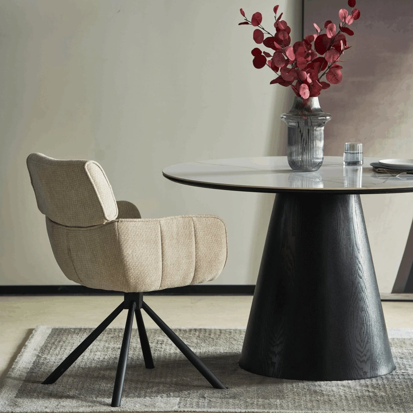 Riven 47" Round Dining Table with Sintered Stone Top and Ash Wood Veneer Base - Elax Furniture