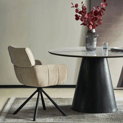 Riven 47" Round Dining Table with Sintered Stone Top and Ash Wood Veneer Base - Elax Furniture