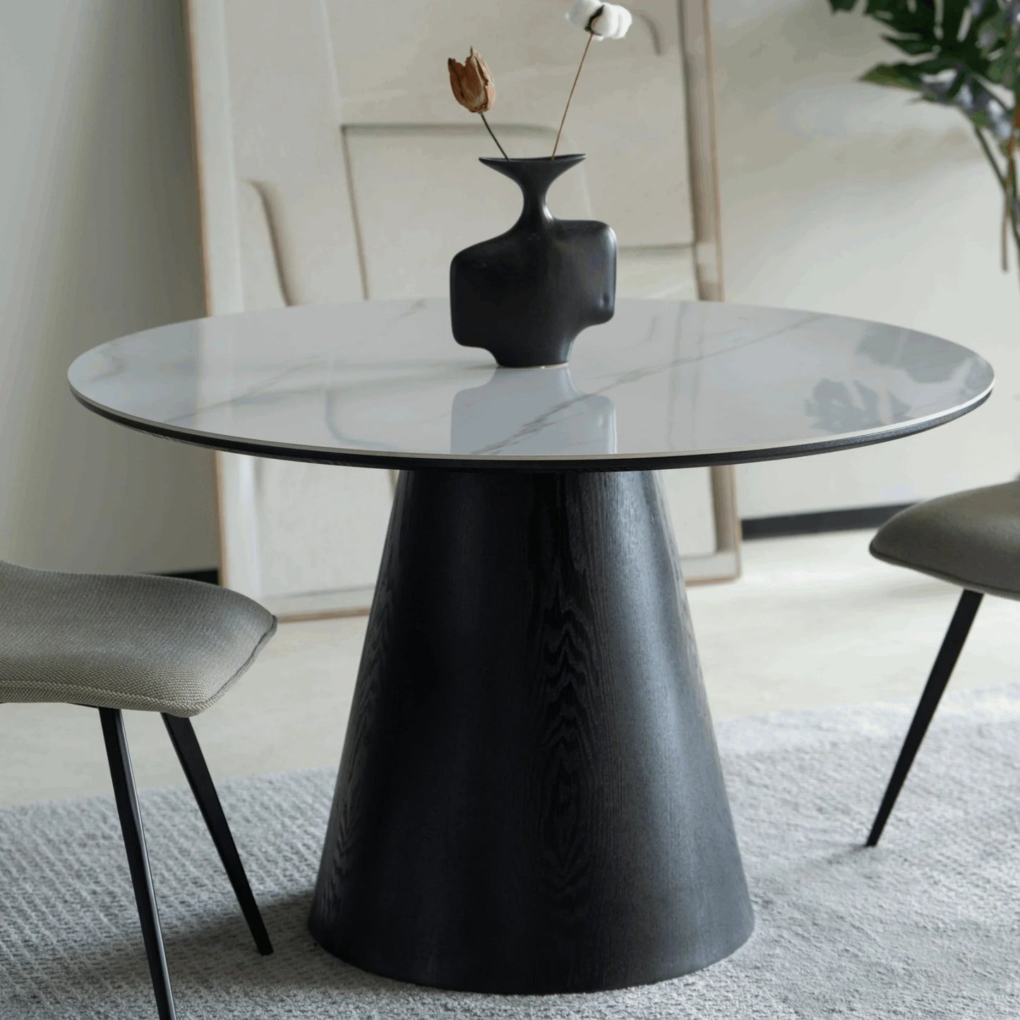 Riven 47" Round Dining Table with Sintered Stone Top and Ash Wood Veneer Base - Elax Furniture