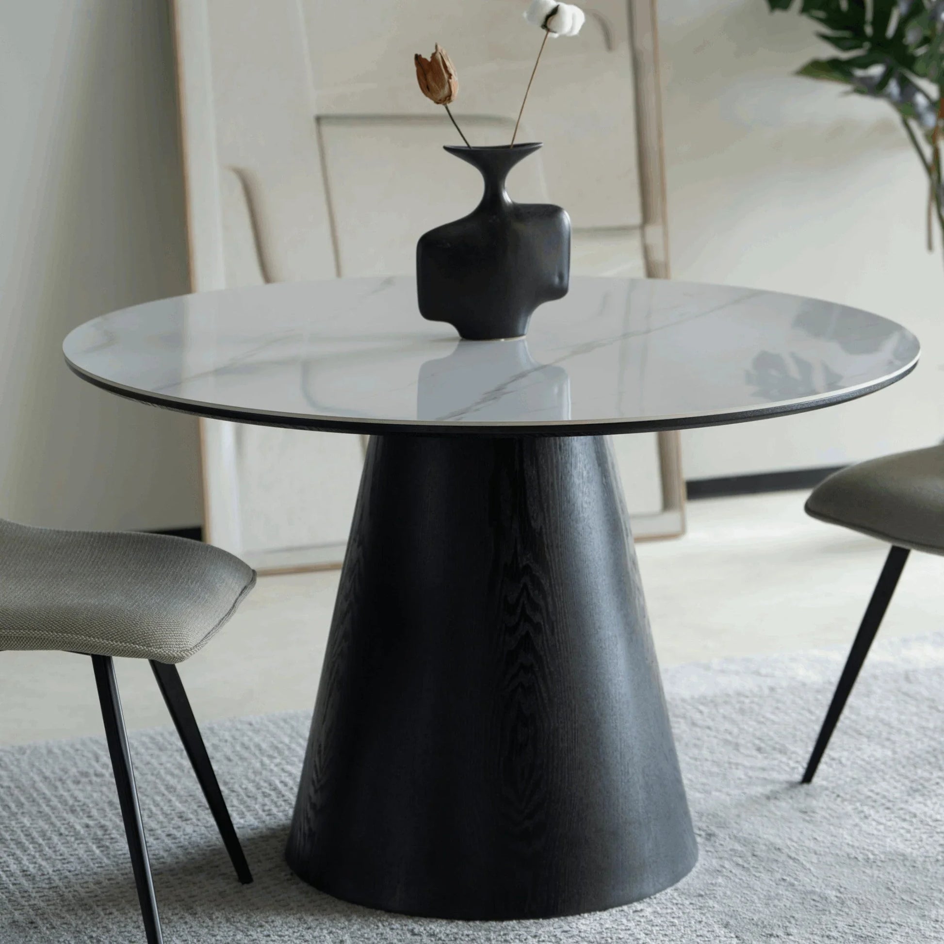 Riven 47" Round Dining Table with Sintered Stone Top and Ash Wood Veneer Base - Elax Furniture