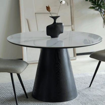 Riven 47" Round Dining Table with Sintered Stone Top and Ash Wood Veneer Base - Elax Furniture