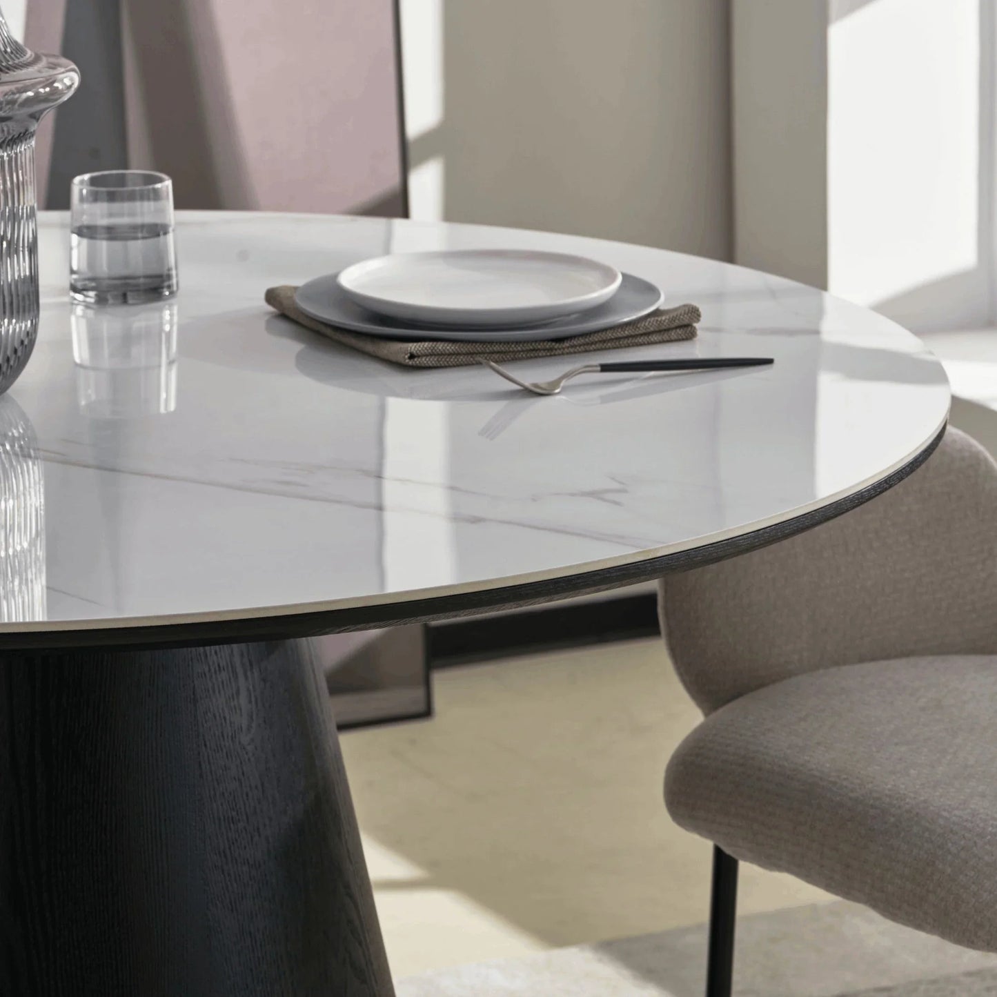 Riven 47" Round Dining Table with Sintered Stone Top and Ash Wood Veneer Base - Elax Furniture