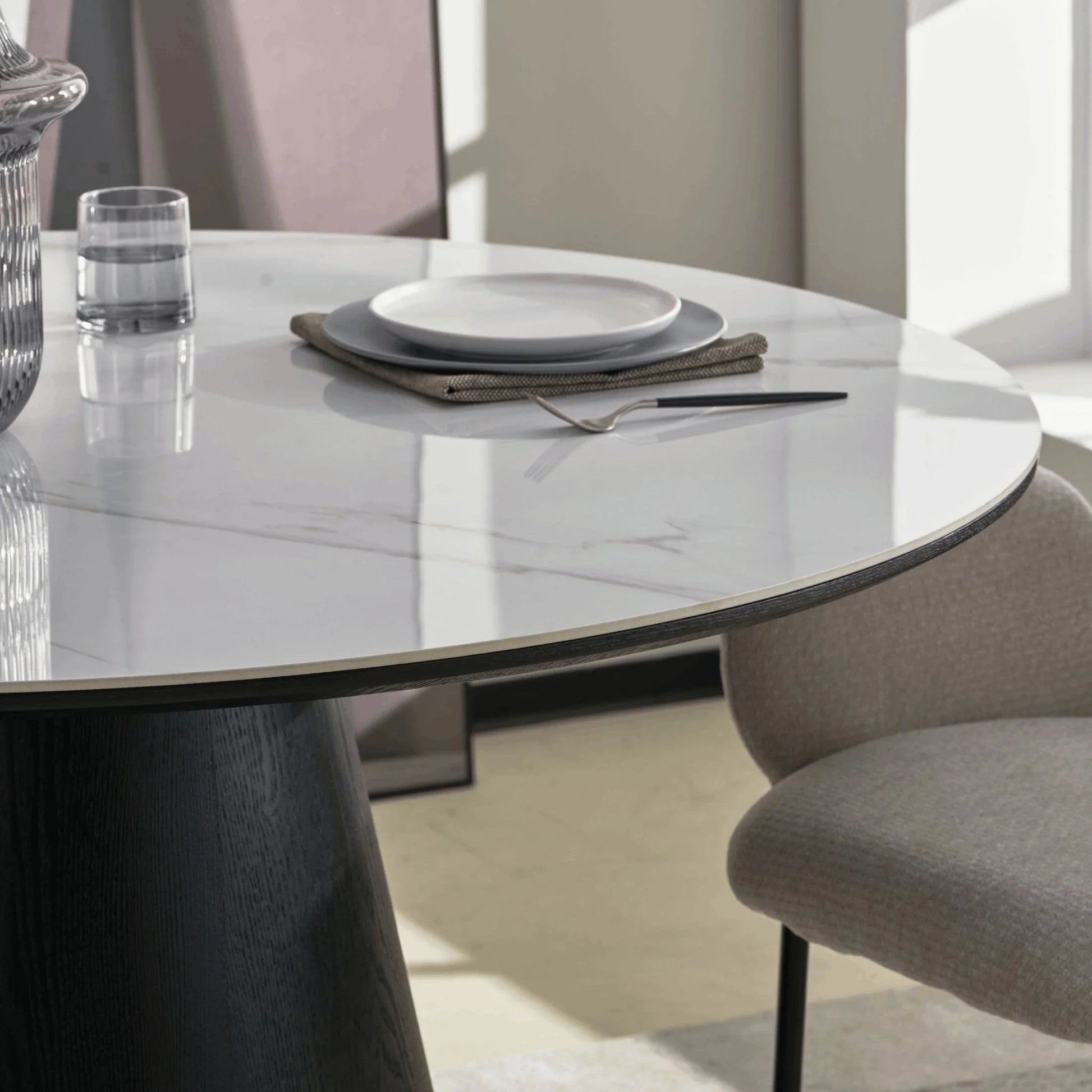 Riven 47" Round Dining Table with Sintered Stone Top and Ash Wood Veneer Base - Elax Furniture