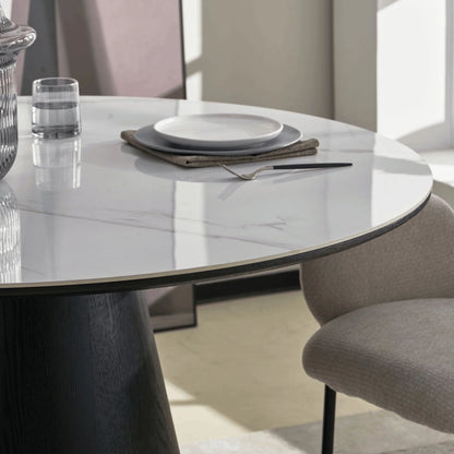 Riven 47" Round Dining Table with Sintered Stone Top and Ash Wood Veneer Base - Elax Furniture