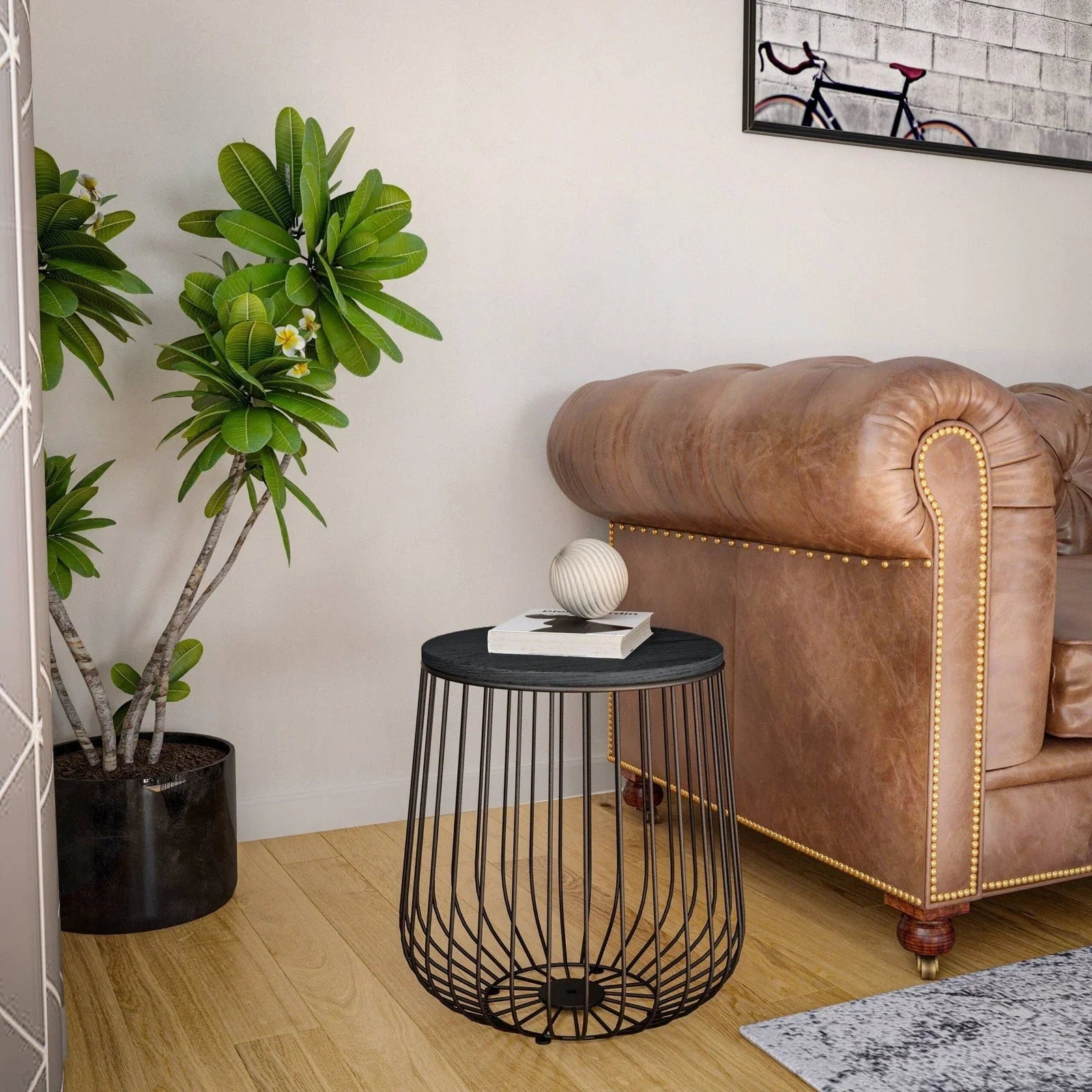 Runswick Round End Table Wood Tabletop With Steel Drum Base for Storage - Elax Furniture