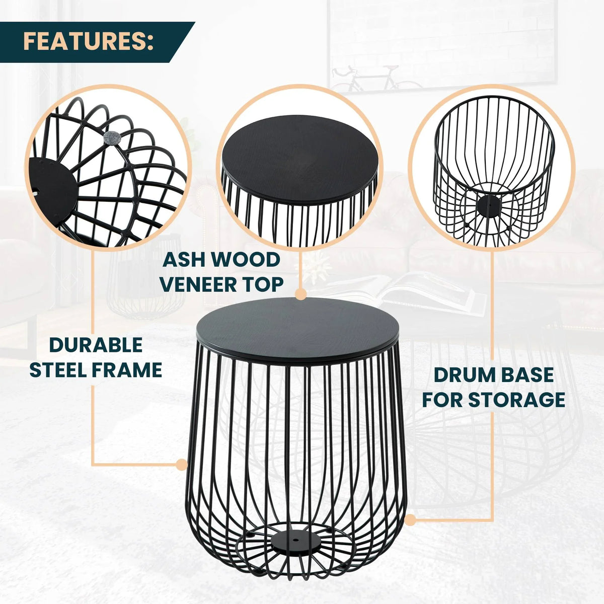 Runswick Round End Table Wood Tabletop With Steel Drum Base for Storage - Elax Furniture