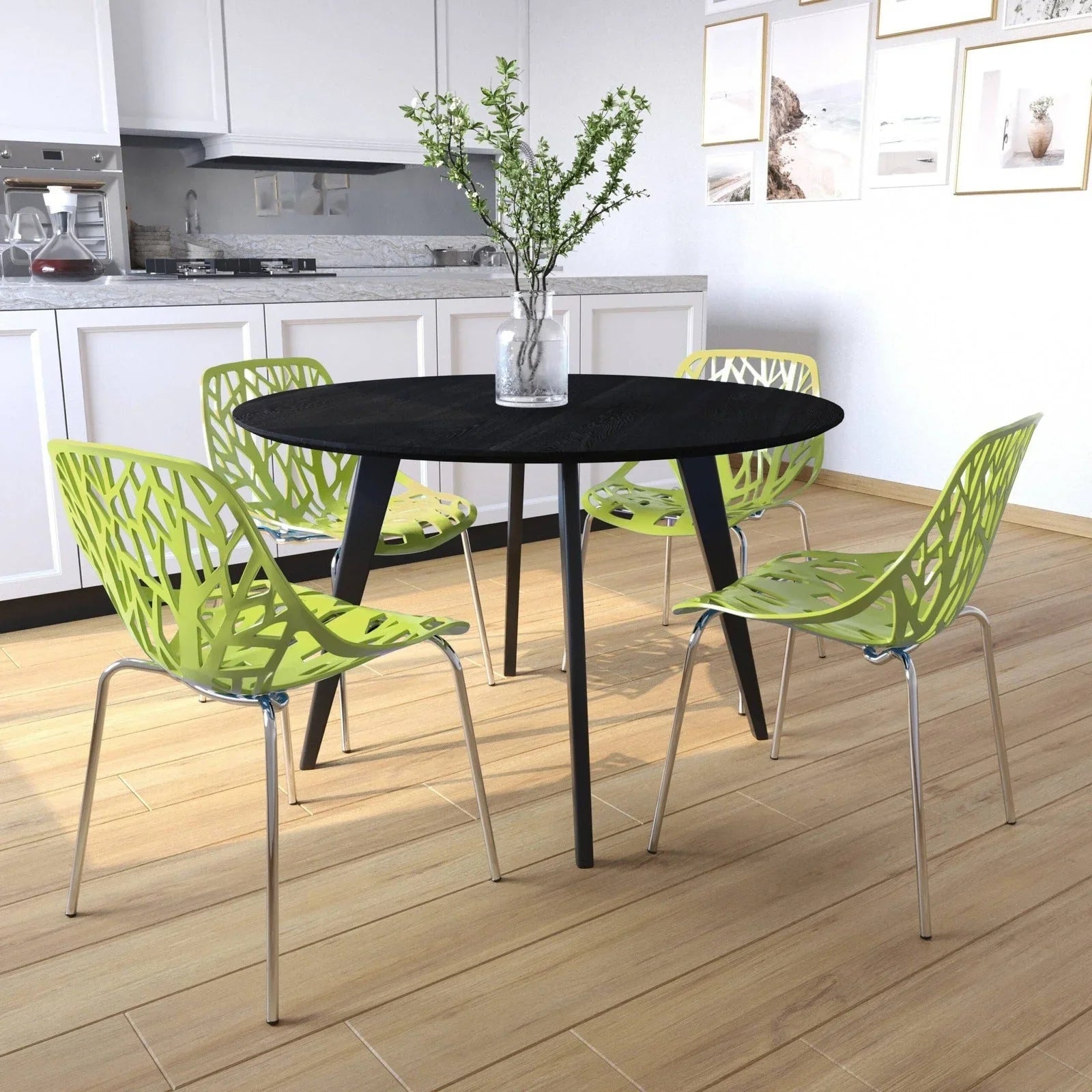 Ravenna 5-Piece Dining Set: 4 Stackable Plastic Chairs & Round Wood Table, Metal Base - Elax Furniture
