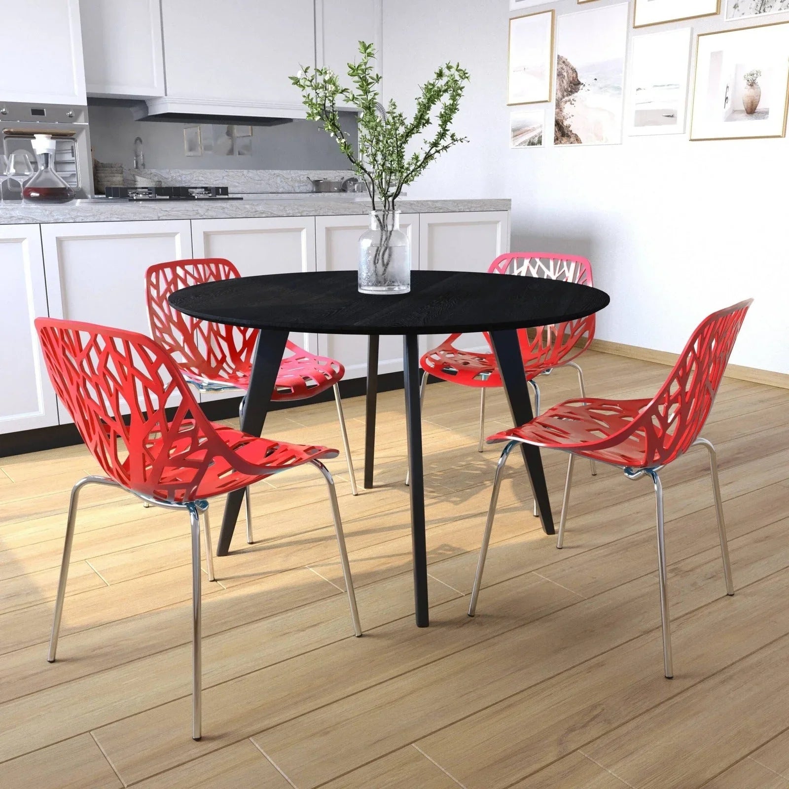 Ravenna 5-Piece Dining Set: 4 Stackable Plastic Chairs & Round Wood Table, Metal Base - Elax Furniture
