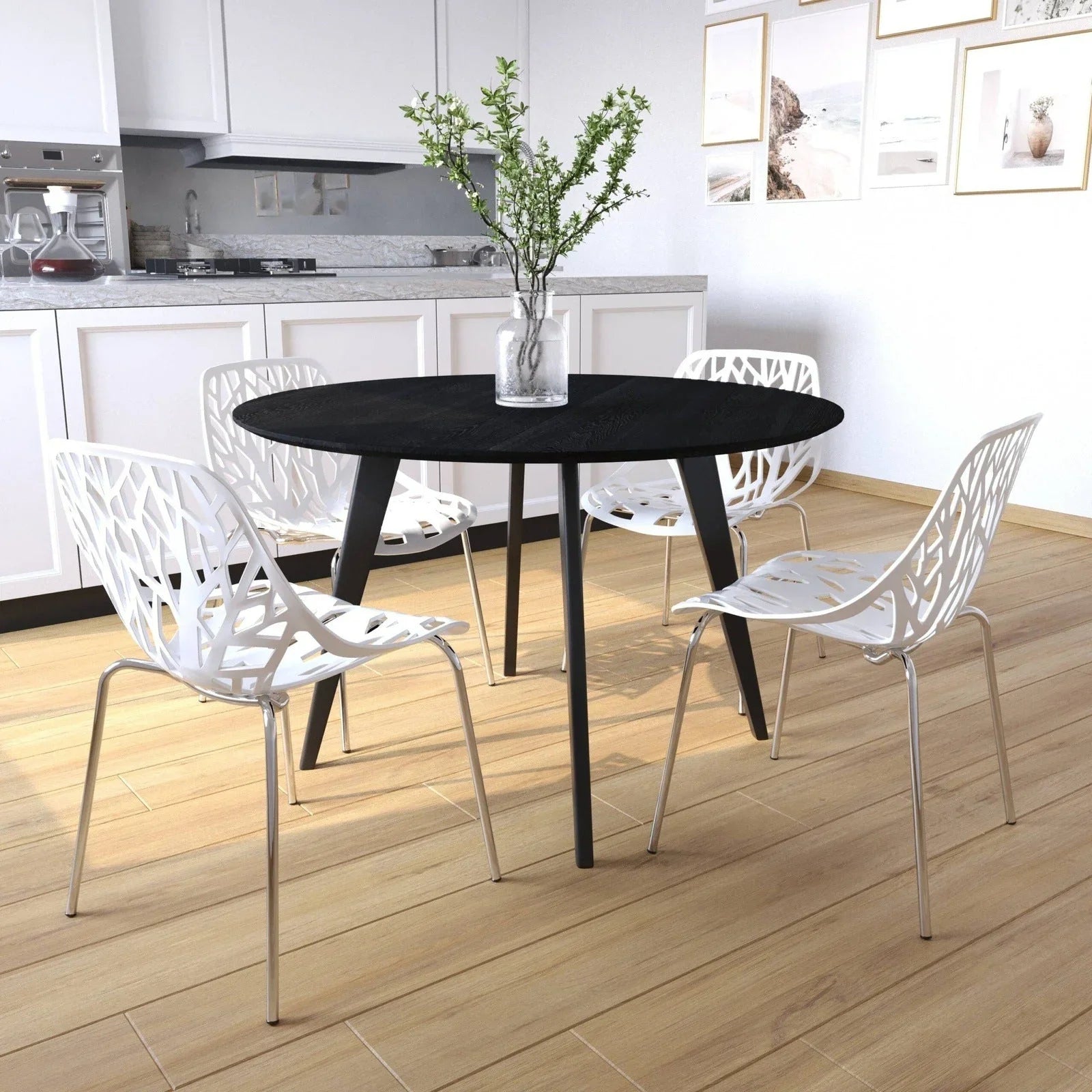 Ravenna 5-Piece Dining Set: 4 Stackable Plastic Chairs & Round Wood Table, Metal Base - Elax Furniture