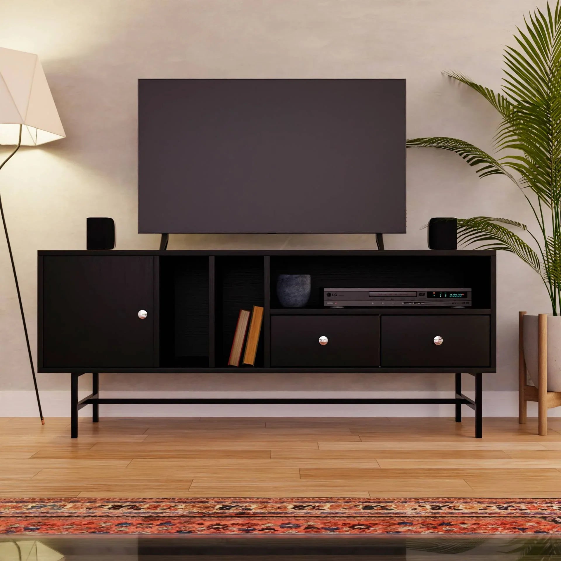Rochester Modern Rectangular TV Stand: Enclosed Storage & Powder-Coated Iron Legs - Elax Furniture
