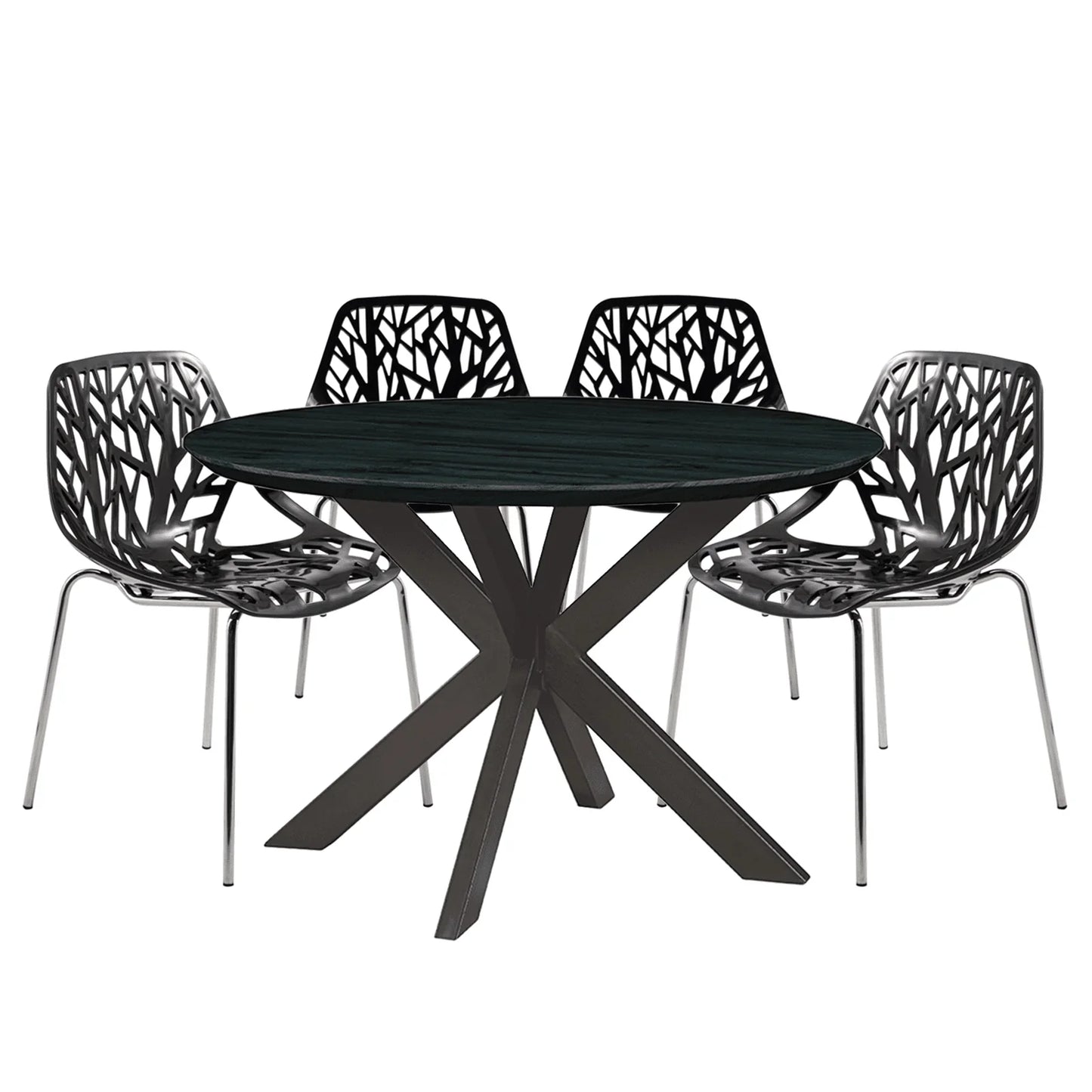 Ravenna 5-Piece Dining Set: 4 Stackable Plastic Chairs & Round Table With Geometric Base - Elax Furniture