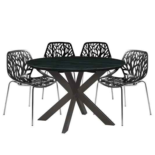 Ravenna 5-Piece Dining Set: 4 Stackable Plastic Chairs & Round Table With Geometric Base - Elax Furniture