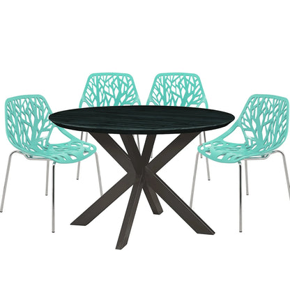 Ravenna 5-Piece Dining Set: 4 Stackable Plastic Chairs & Round Table With Geometric Base - Elax Furniture