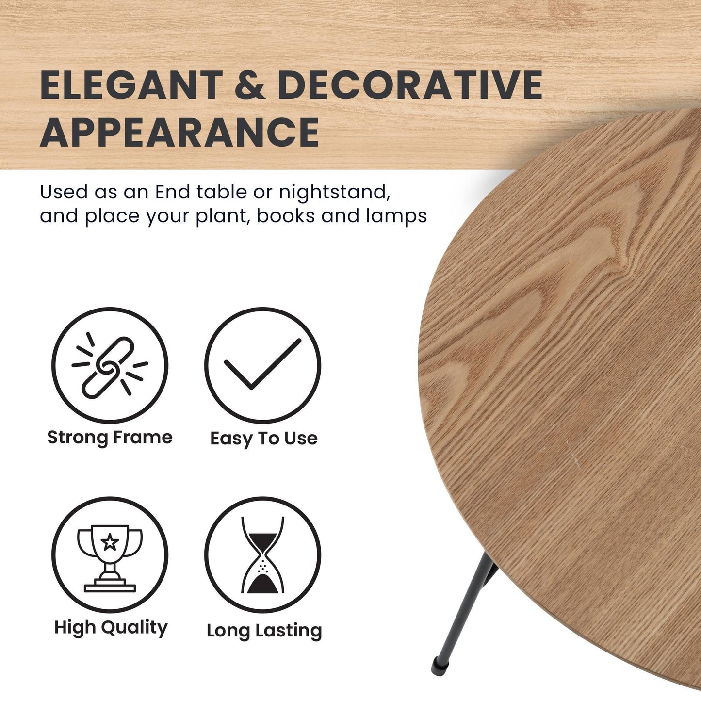 Rossmore Round Side Table with MDF Wood Tabletop in Black Steel - Elax Furniture