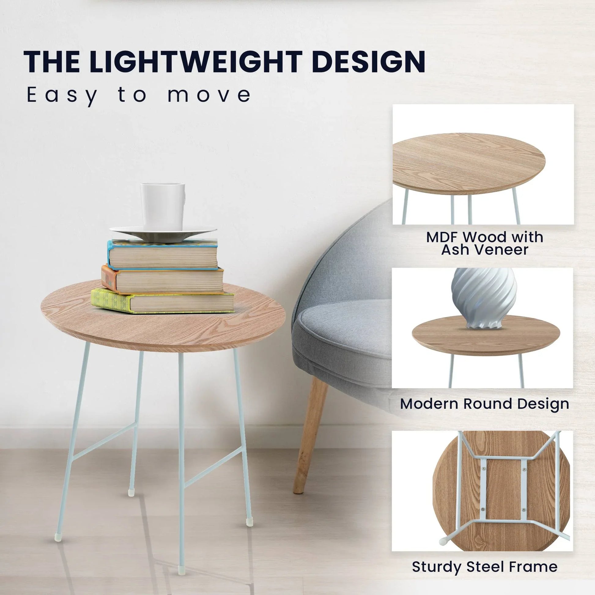 Rossmore Round Side Table with MDF Wood Tabletop in White Steel - Elax Furniture