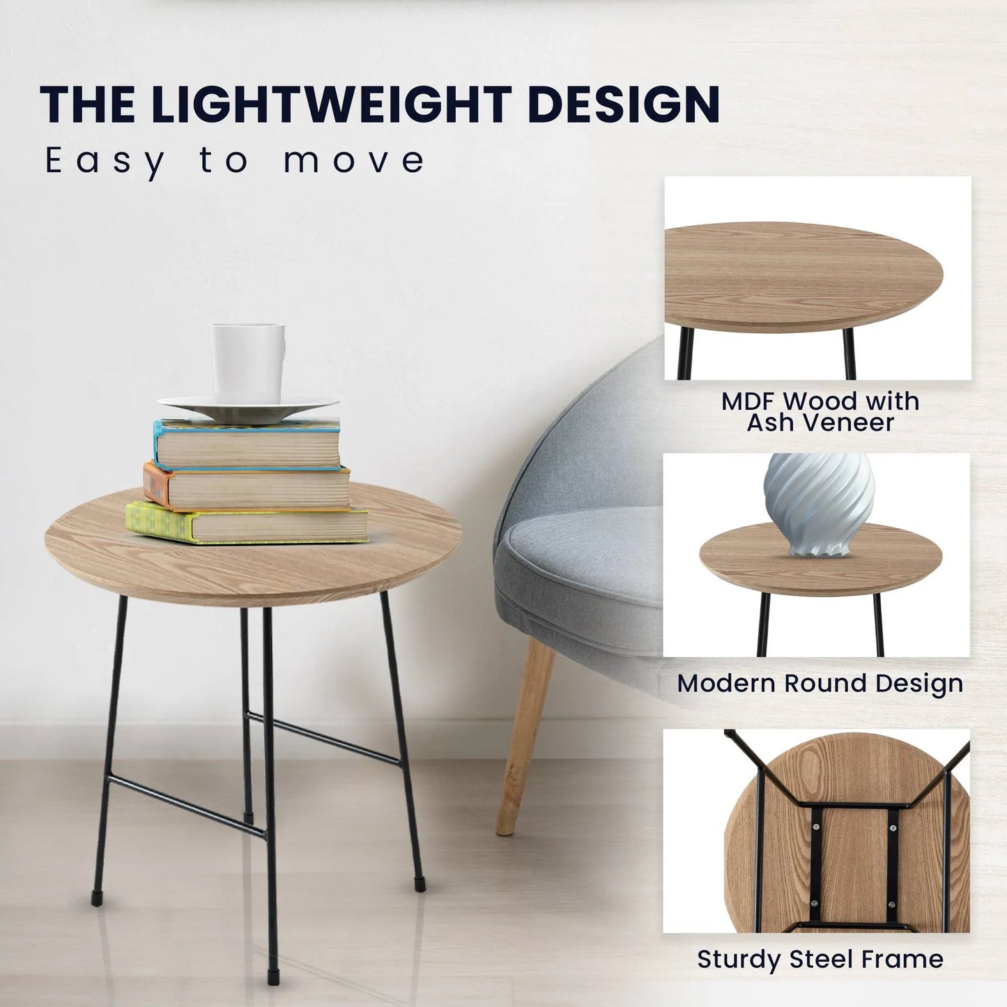 Rossmore Round Side Table with MDF Wood Tabletop in Black Steel - Elax Furniture