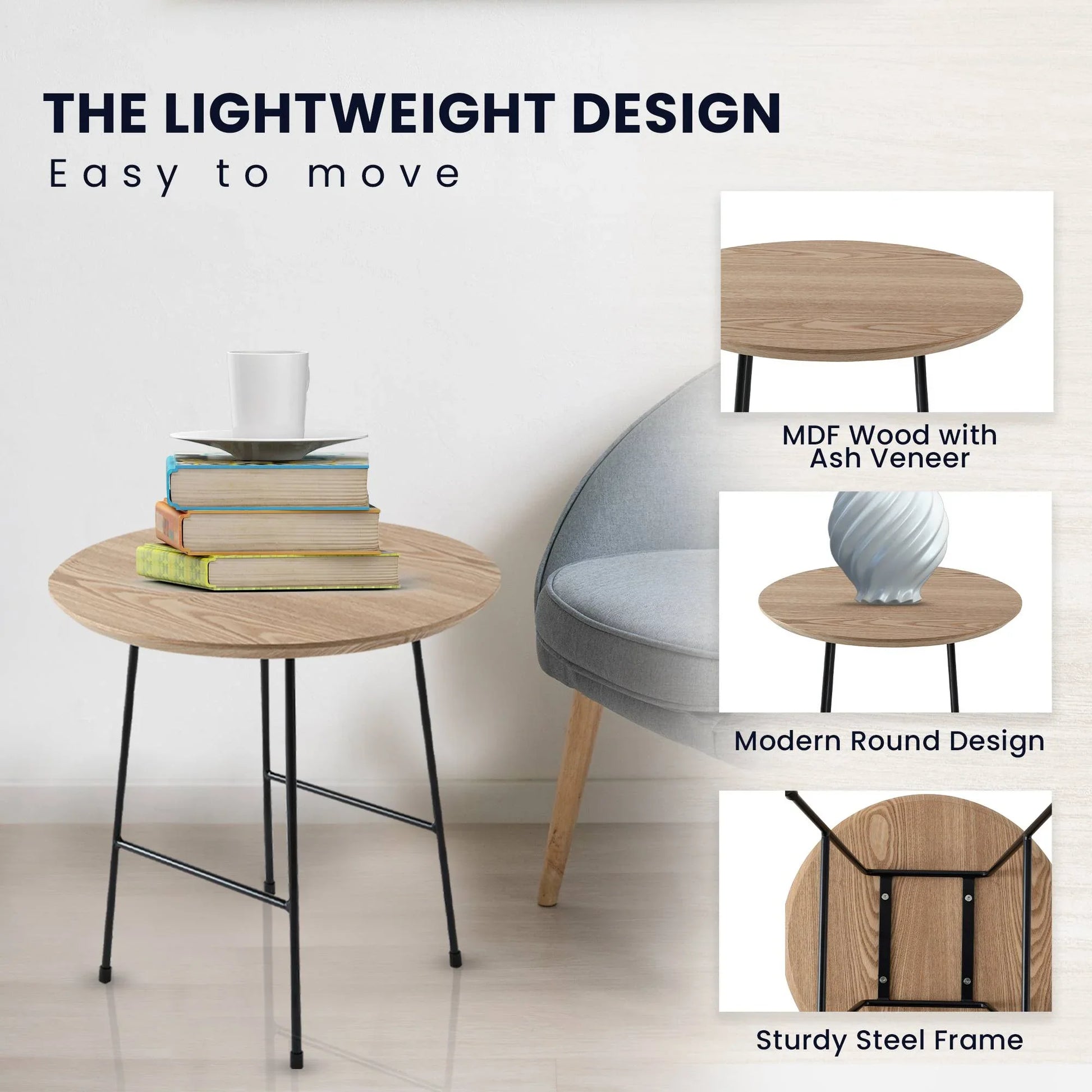 Rossmore Round Side Table with MDF Wood Tabletop in Black Steel - Elax Furniture