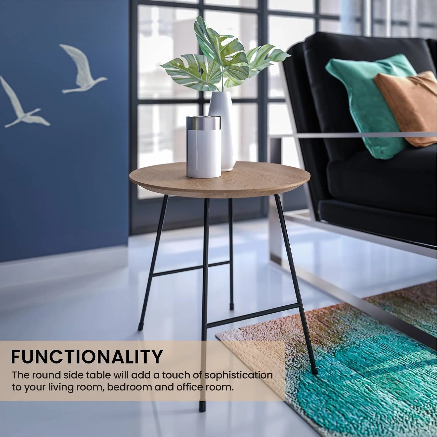 Rossmore Round Side Table with MDF Wood Tabletop in Black Steel - Elax Furniture