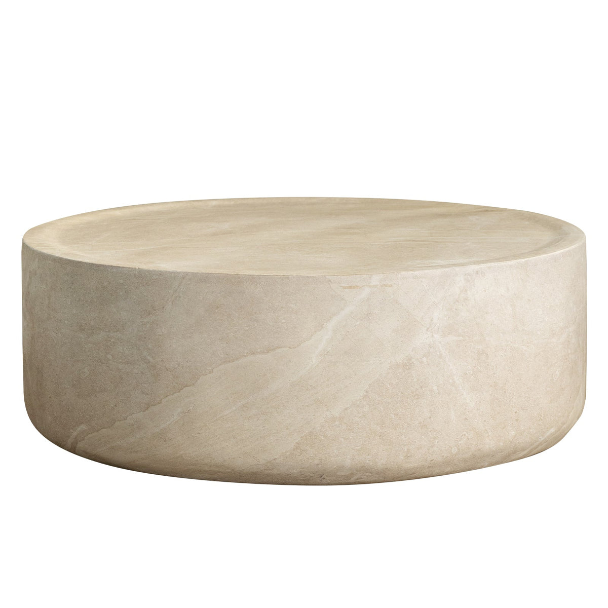 Sandy 32" Round Coffee Table, Travertine Finish, Fiberstone, Indoor/Outdoor
