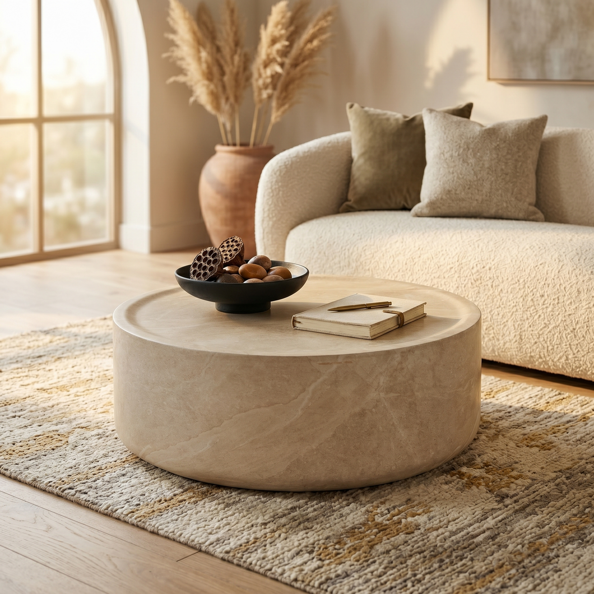 Sandy 32" Round Coffee Table, Travertine Finish, Fiberstone, Indoor/Outdoor
