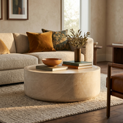 Sandy 32" Round Coffee Table, Travertine Finish, Fiberstone, Indoor/Outdoor