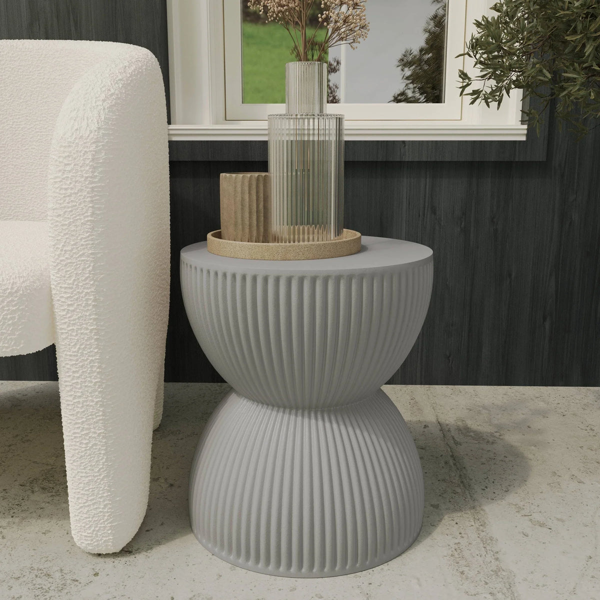 Spire 15" Wide Round Side Fiberstone Table With Hourglass Design - Elax Furniture