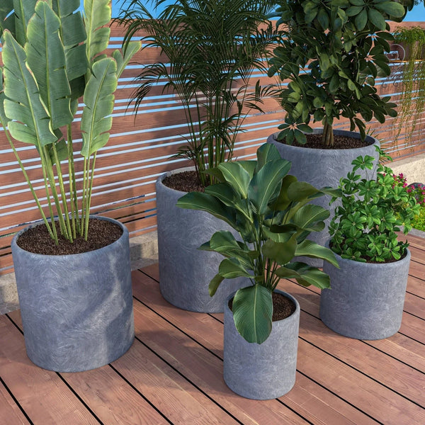 Tundra 5-Piece Fiberstone and MGO Clay Planter Set, Mid-Century Modern Round Planter Pot for Indoor and Outdoor