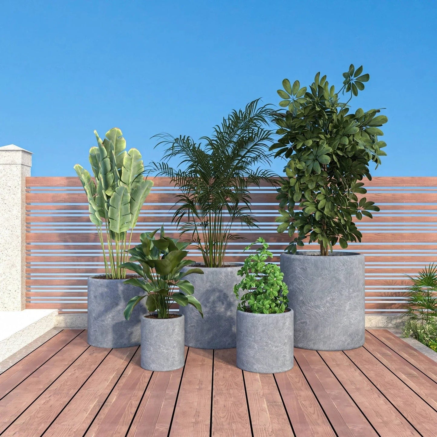 Tundra 5-Piece Fiberstone and MGO Clay Planter Set, Mid-Century Modern Round Planter Pot for Indoor and Outdoor - Elax Furniture