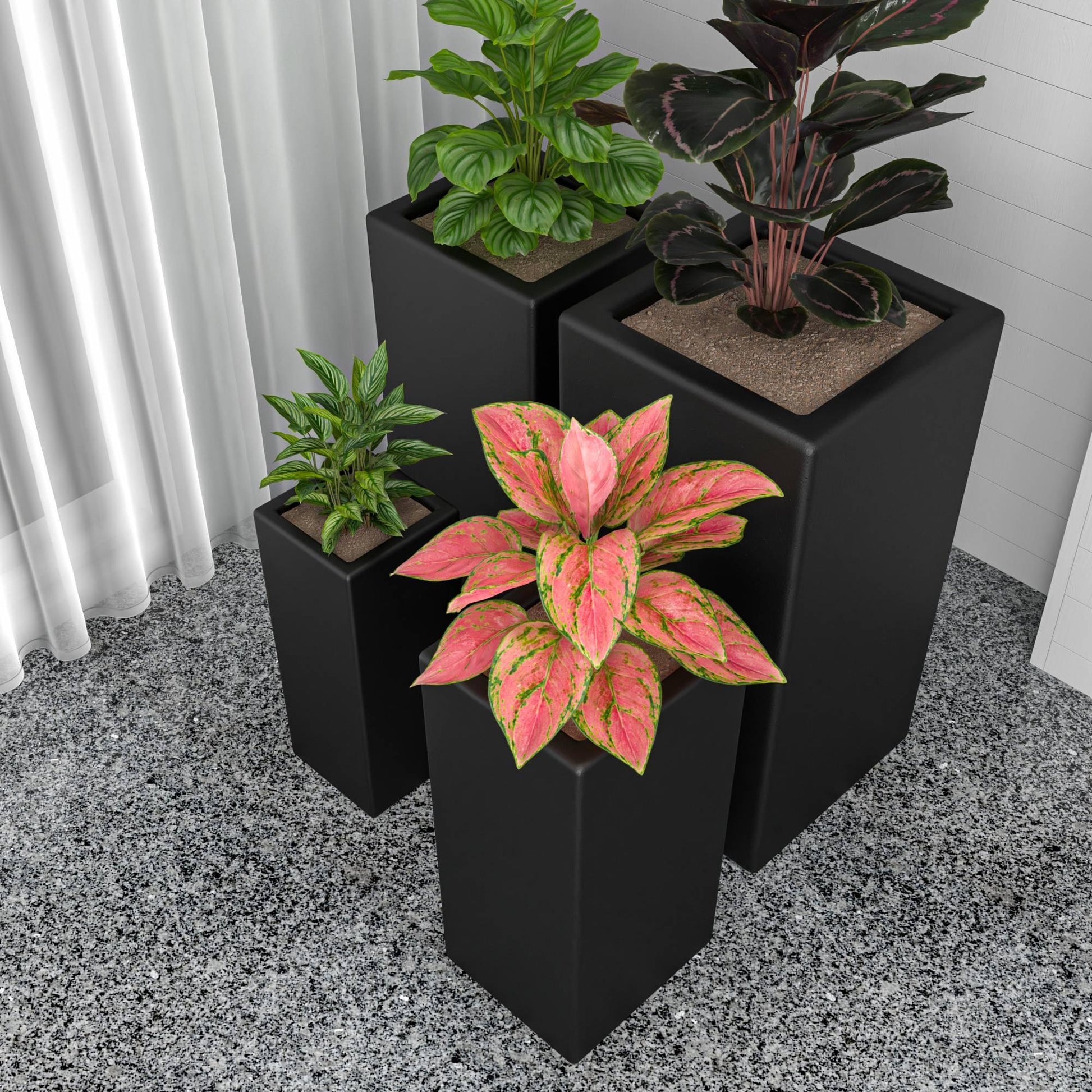 Terra 4-Piece Fiberstone and MGO Clay Planter Set, Mid-Century Modern Tall Square Planter Pot for Indoor and Outdoor - Elax Furniture