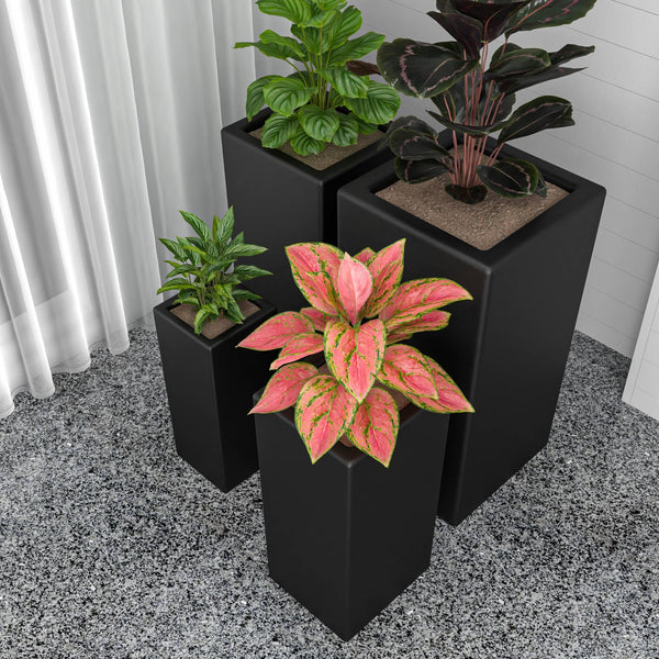 Terra 4-Piece Fiberstone and MGO Clay Planter Set, Mid-Century Modern Tall Square Planter Pot for Indoor and Outdoor