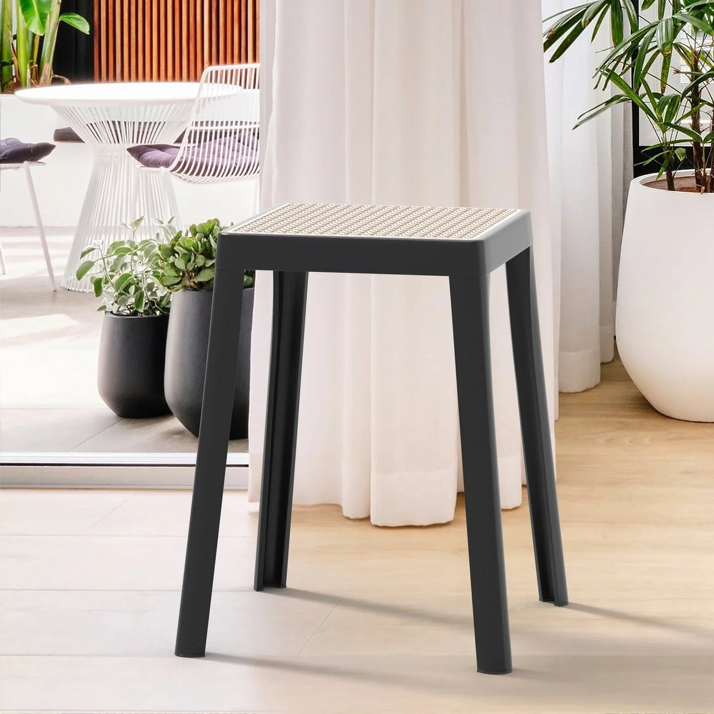 Tresse Mid-Century Modern Stackable Square Plastic Dining Stool with Wicker Top - Elax Furniture