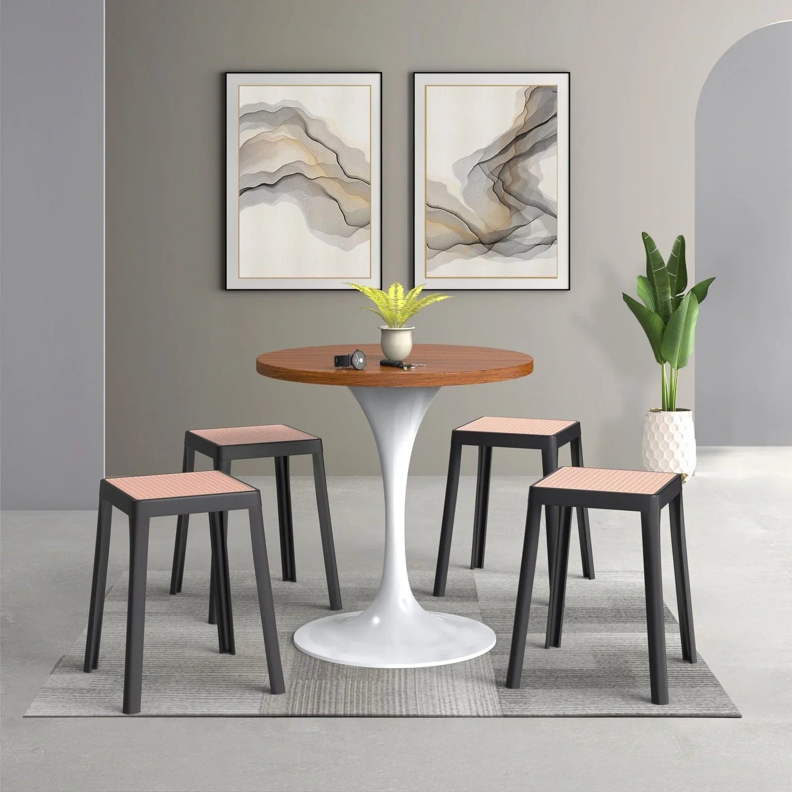 Tresse Mid-Century Modern Stackable Square Plastic Dining Stool with Wicker Top - Elax Furniture